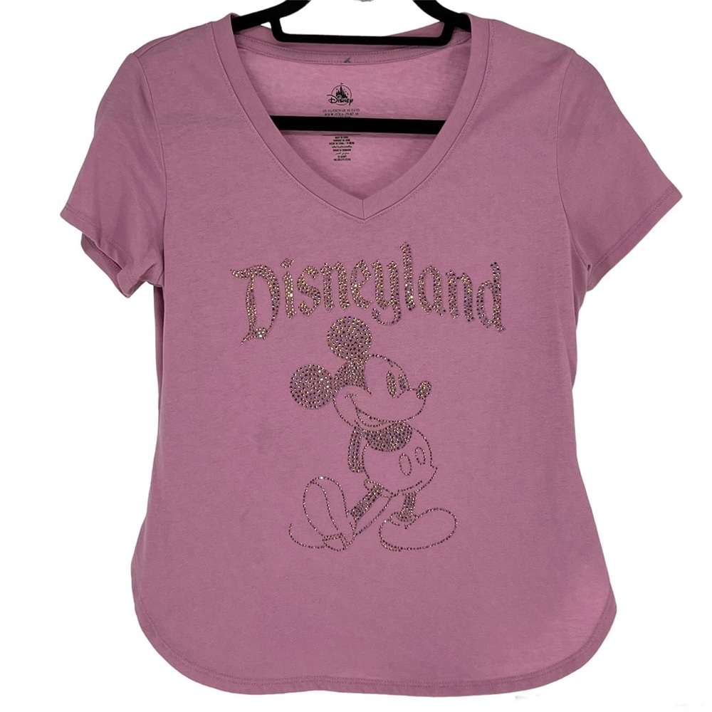 DISNEY PARKS NEW DISNEYLAND RHINESTONE PINK EARidescent V-NECK T-SHIRT XS